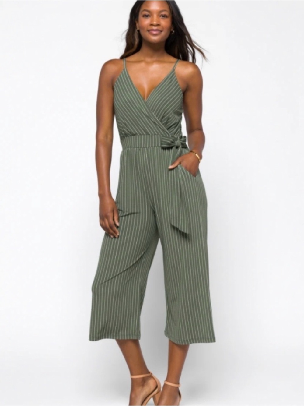 Kaileigh Olive Green Pinstripe Wrap Jumpsuit